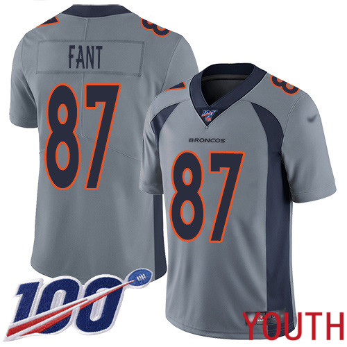 Youth Denver Broncos #87 Noah Fant Limited Silver Inverted Legend 100th Season Football NFL Jersey